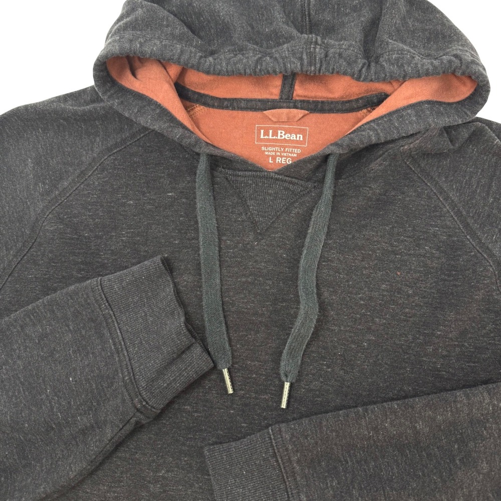 LL Bean Mens Large Regular Heather Gray Rust Contrast Hooded Pullover Hoodie